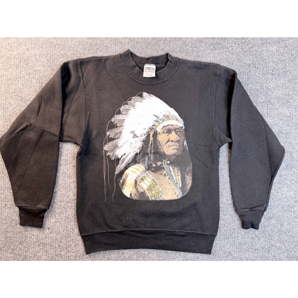 Vintage Oneita Power Sweats Mens Medium Black Native American Chief Crewneck USA